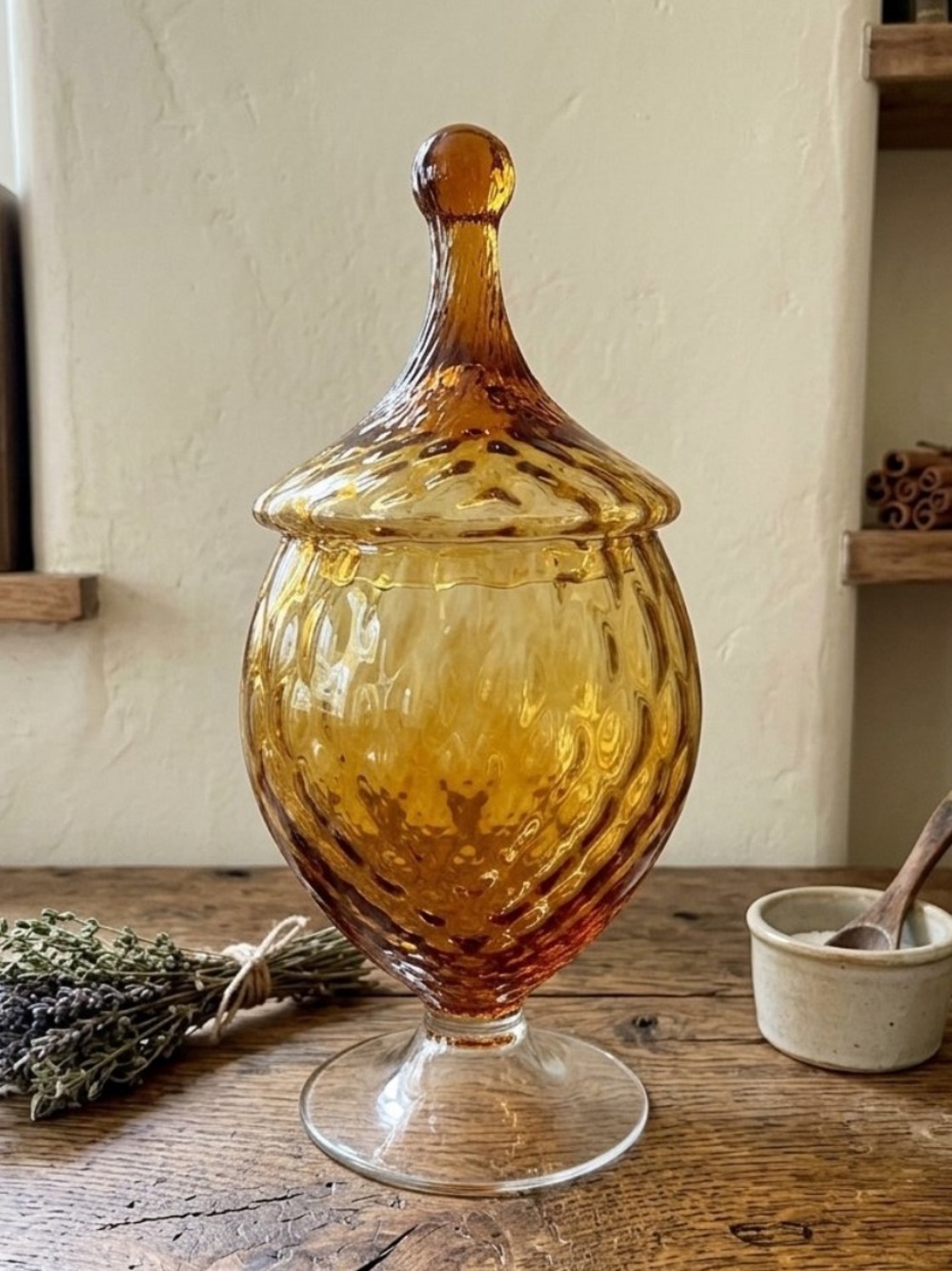 Vintage Empoli apothecary jar 
Amber Textured Glass 
Lidded Candy Jar